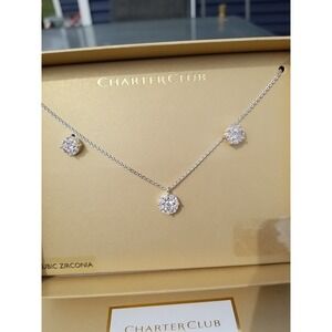 Charter Club Silver Clear Round Halo Cubic Zirconi Necklace and Stud Earring Set